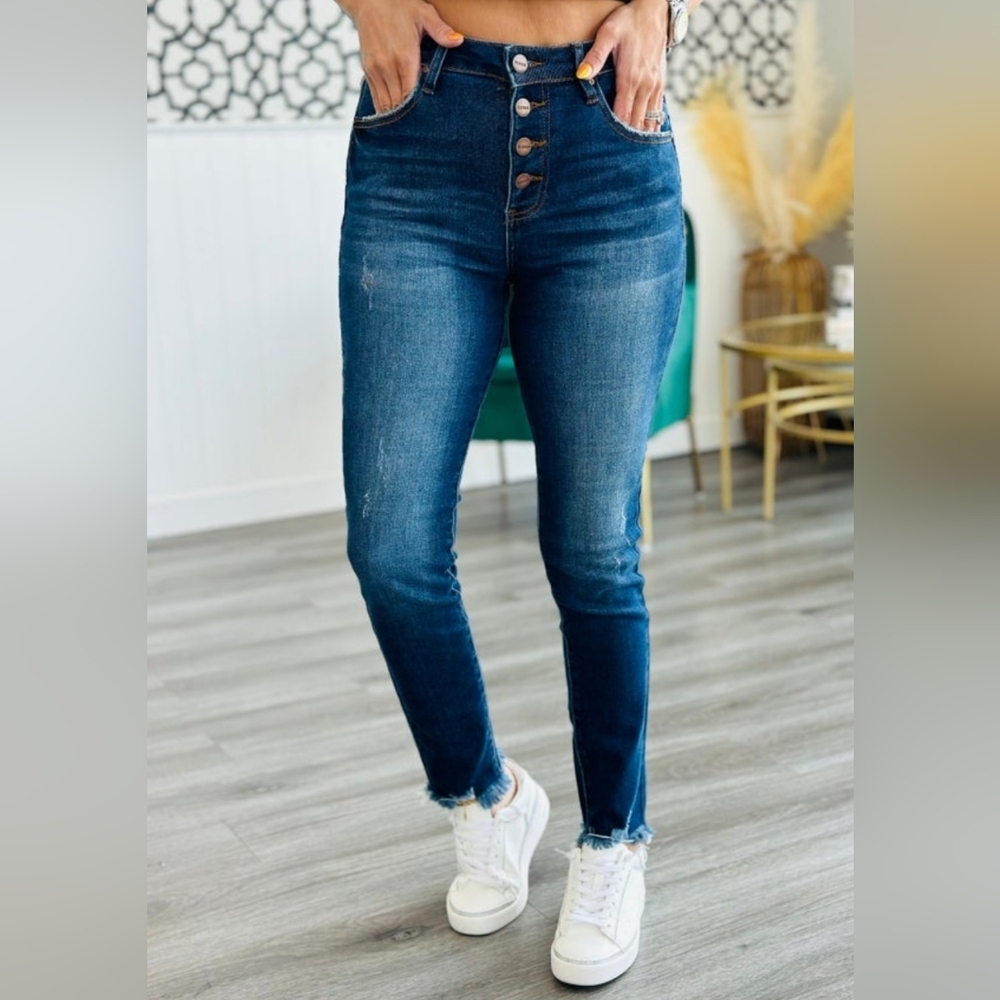 Risen 4 Button High Waisted Blue Denim Jeans